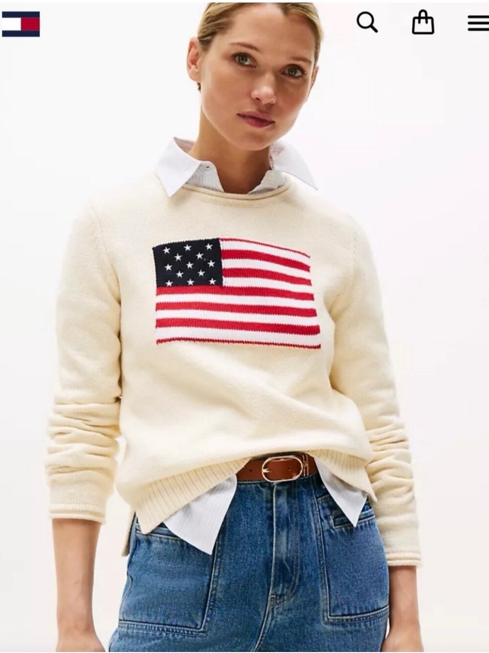 USA Tommy Hilfiger Cream Crewneck Knit Sweater American Flag NWT